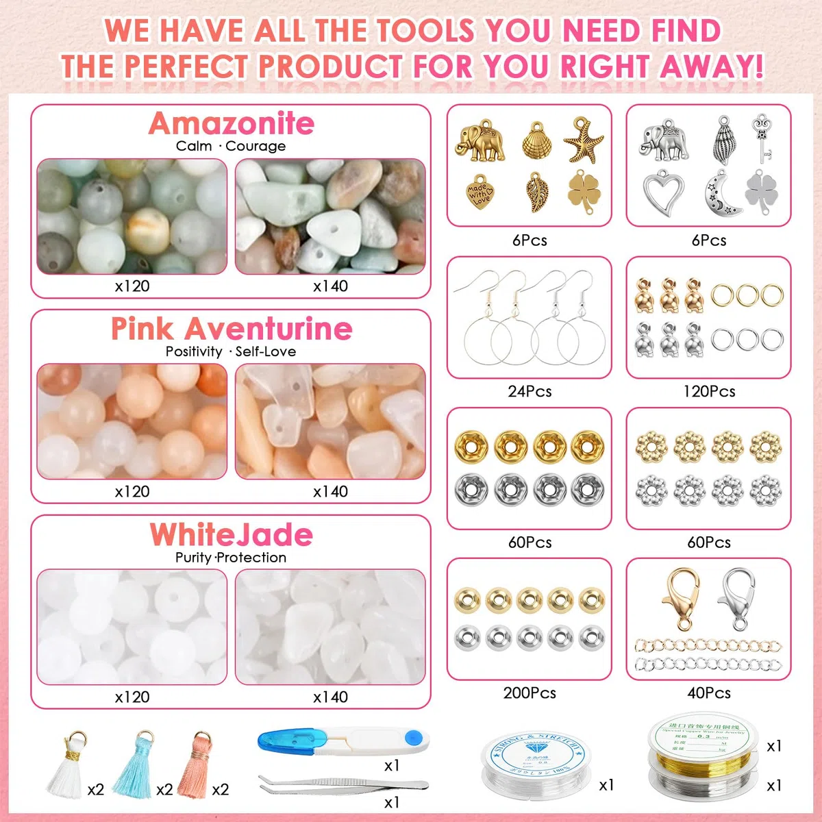 Kit Pulseras, 780 pcs Cuentas de Piedra Natural 6mm, Kit DIY para Hacer Pulseras, Collares y Aretes, Set Completo con Accesorios para Joyería