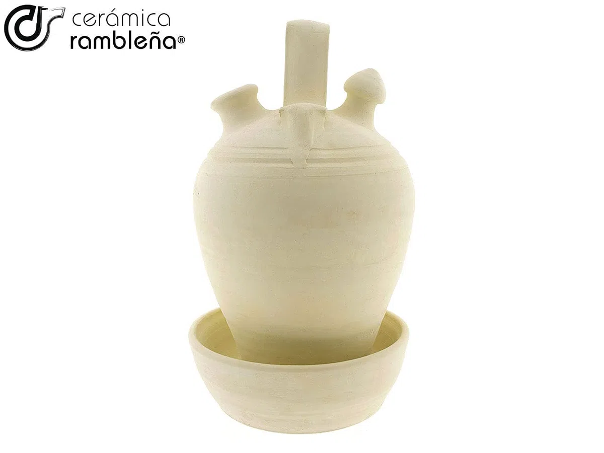 CERÁMICA RAMBLEÑA | Botijo de barro tradicional base vuelta de La Rambla (Córdoba) | 100% Hecho a mano | 3 litros | ECO | Plato INCLUIDO