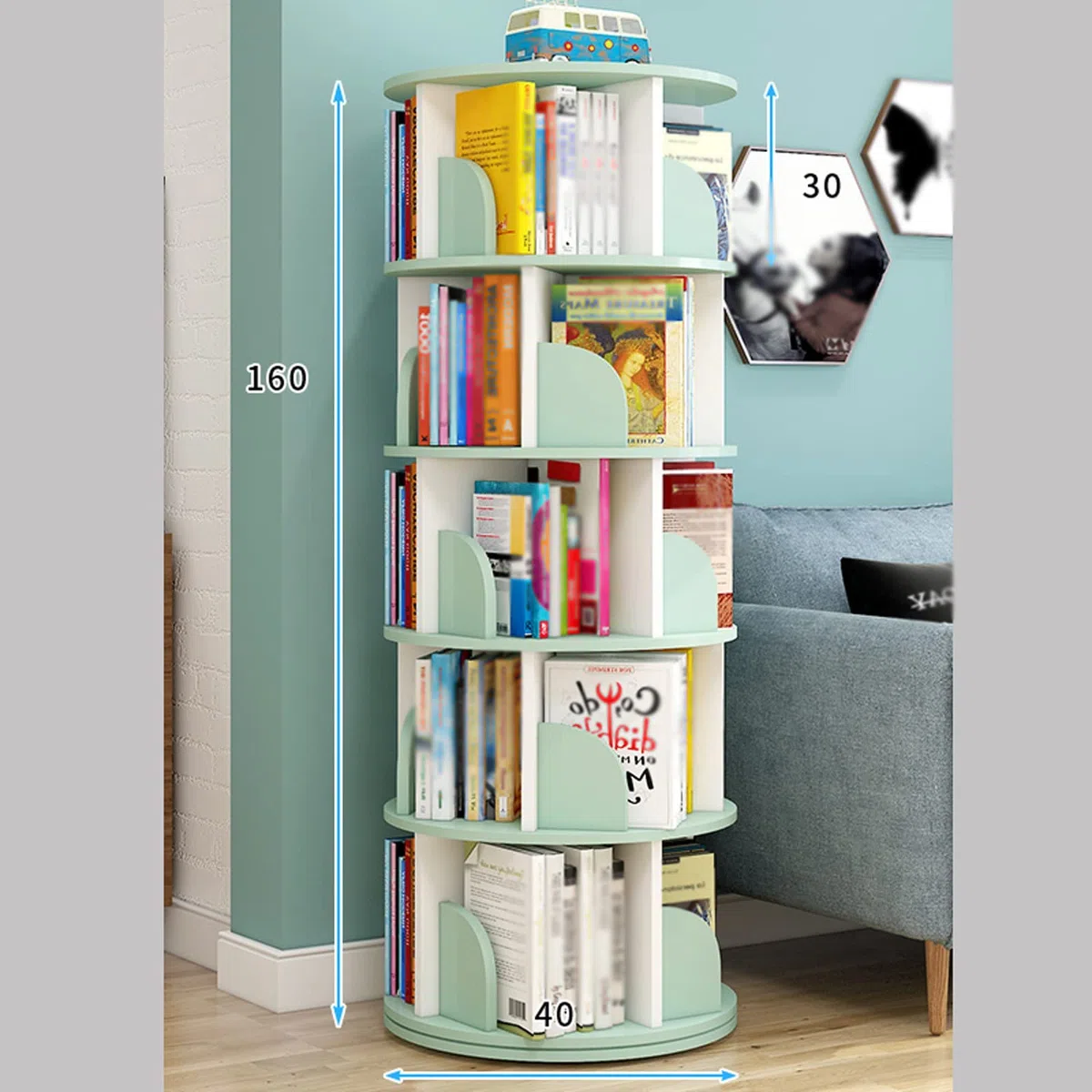 Estantería giratoria de 360 grados para libros ilustrados infantiles, color verde claro, 40 x 160 cm