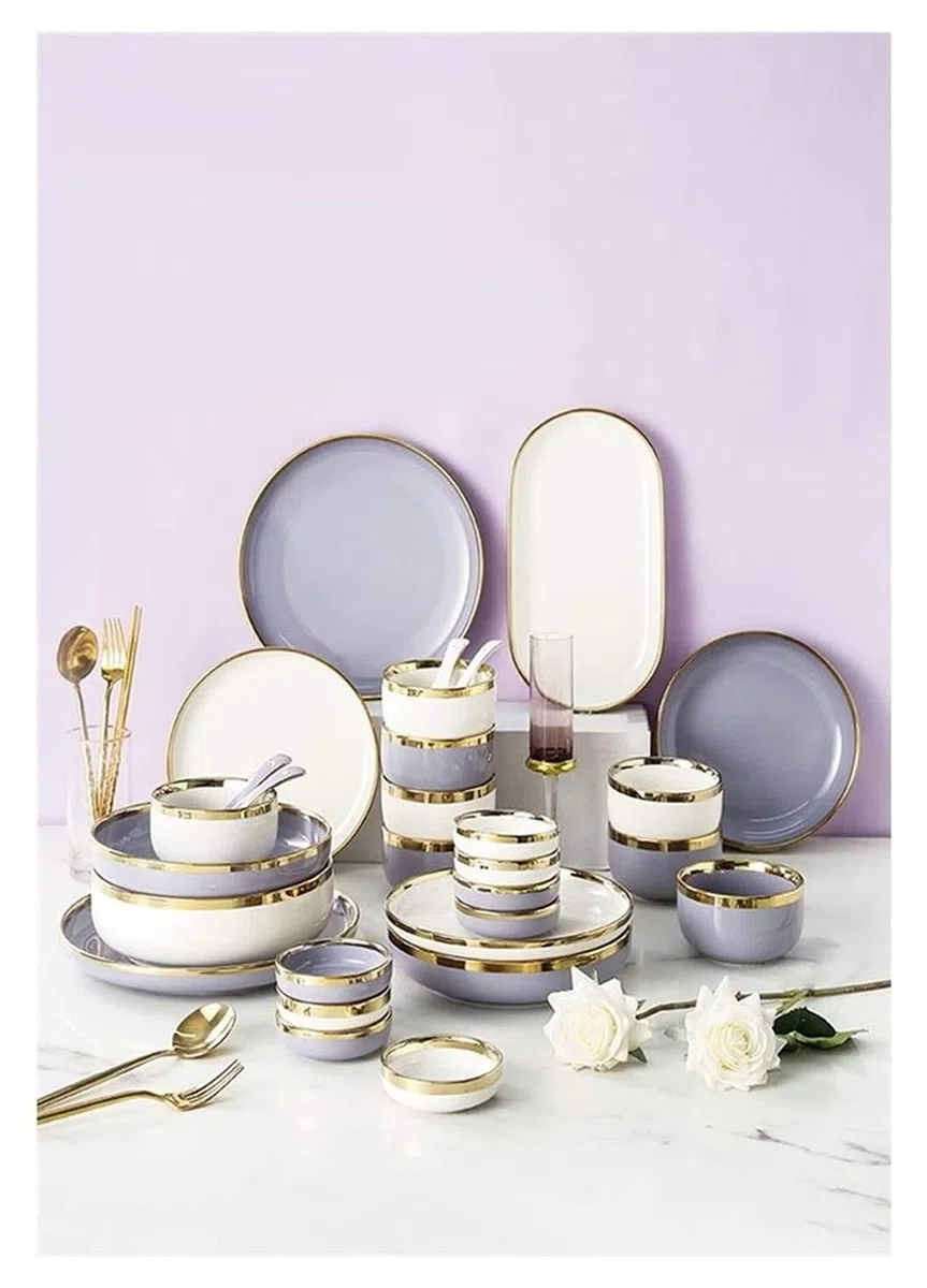Plato de Cena Juego de Cena de Lujo para Fiestas o Regalos, Juego de vajilla de Porcelana Juego de Platos y Cuencos para restaurantes y Regalos/Morado/8 Personas (Morado 4 Personas