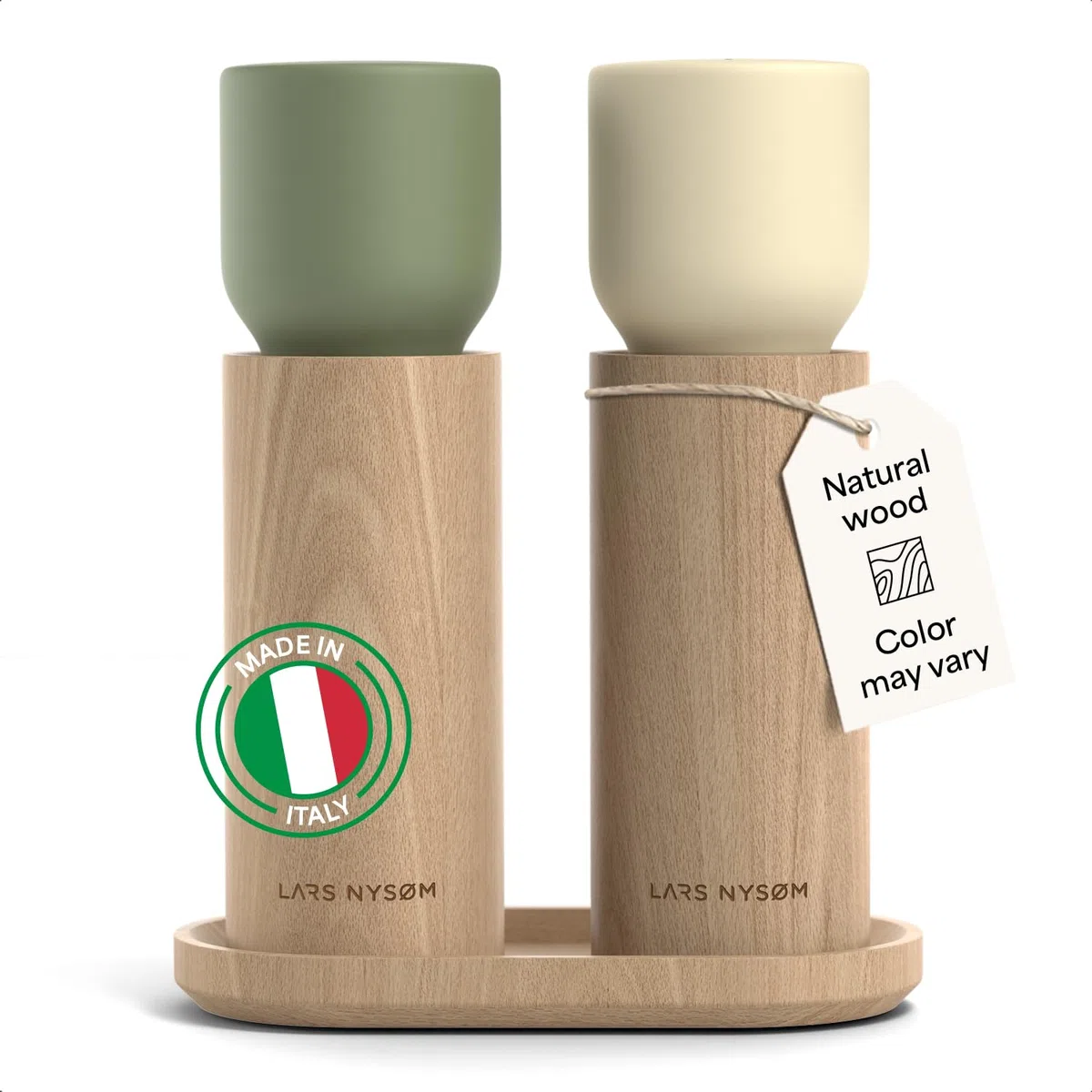 LARS NYSØM Set de molinillos manuales y bandeja en madera – Molino sal/pimienta con muelas cerámicas ajustables – Elegante diseño de haya para cocina o mesa (Green/Beige)