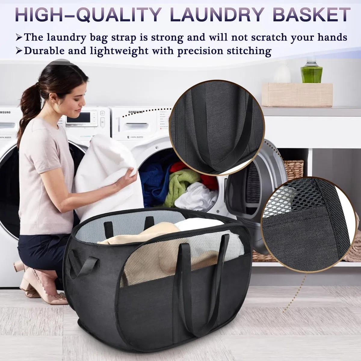 4 Piezas Cesta Plegable con Asa, Cesta Ropa Plegable con Asas, Cesta Portátil de Malla, Plegable Pop-Up Malla Cesto de Ropa, Pop-Up Laundry Basket para Baño, Dormitorio, Viajes (Negro) (Negro)