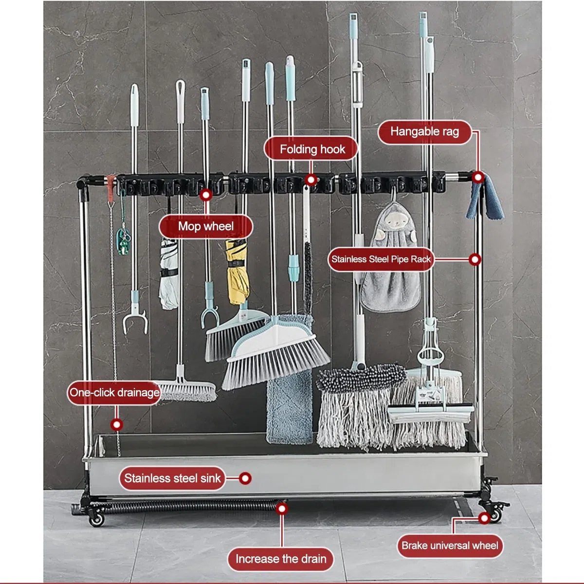 Movable Floor Standimop Scoop Put Wet Mops, Carrito de Herramientas de Limpieza Cleanin, Organizador de Suministros de Limpieza para Cocina de Garaje, Etc.,Estante de Drenaje de Lavado de la Mo