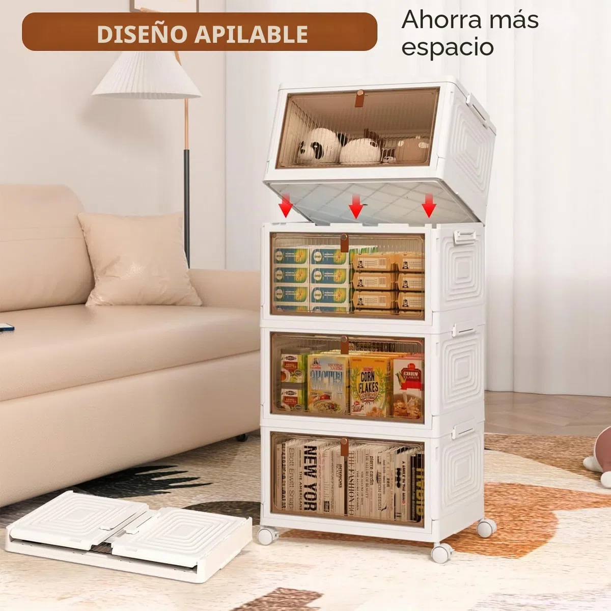 SavvyStor Cajas de almacenamiento con tapa, cajones de almacenamiento de plástico de 4 niveles, cajas apilables, organizador para dormitorio y sala de estar