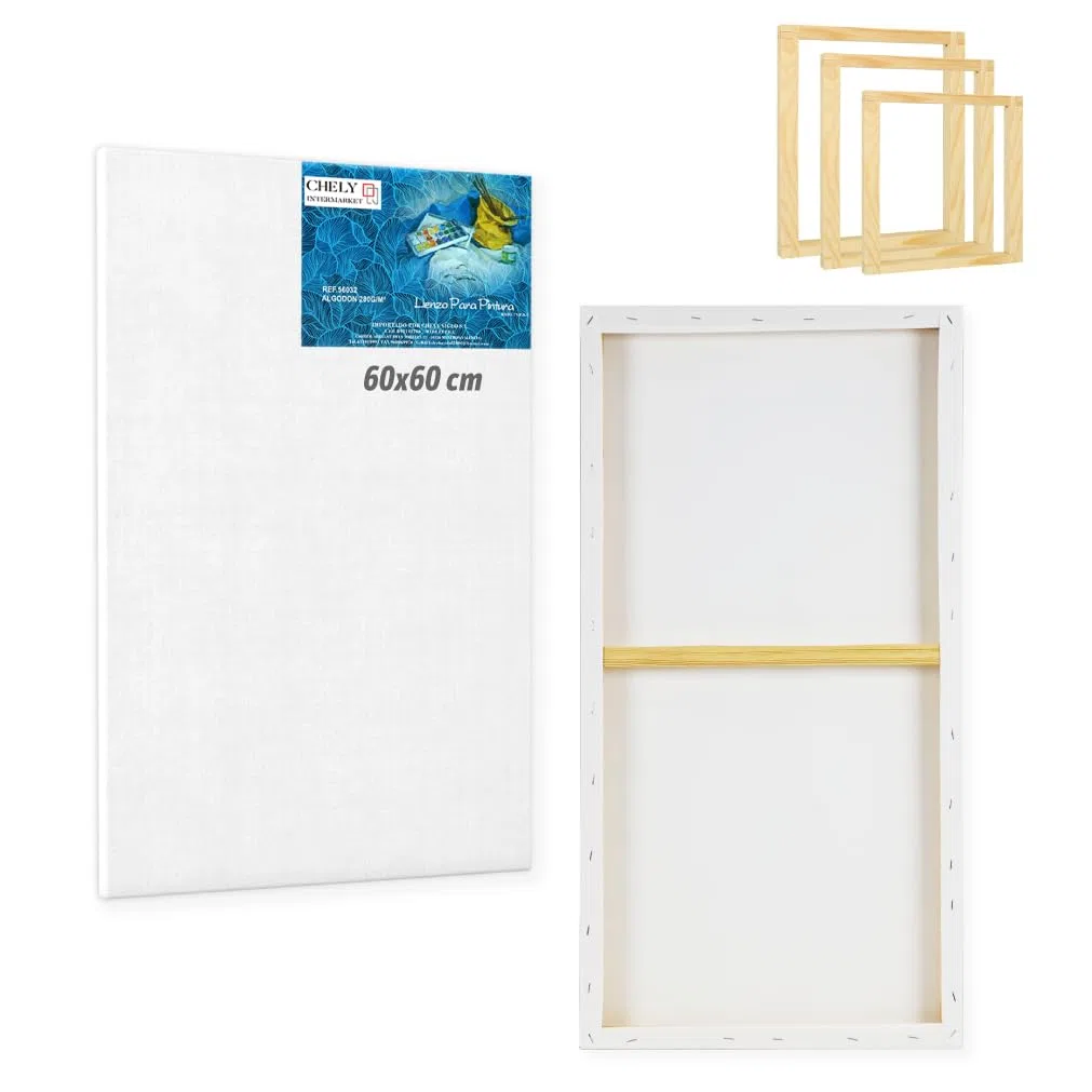 CHELY INTERMARKET MOD560 Lienzos Para Pintar 60X60 CM Pack 4 Unidades Bastidor Madera 16 MM Algodón Blanco Preimprimado Profesional Para Acrílico Óleo Manualidades Bellas Artes Artistas Aficionados