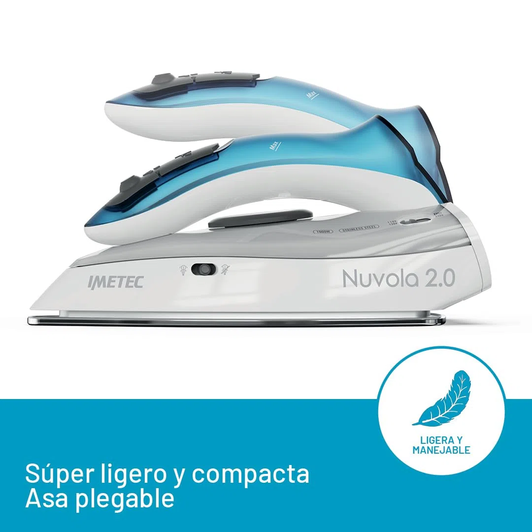 Imetec Nuvola 2.0 - Plancha de vapor de viaje - Suela de acero inoxidable - 1000 vatios - Compacta y ligera - Mango plegable - Maletín de viaje - Doble voltaje - Carrera de vapor 80 g