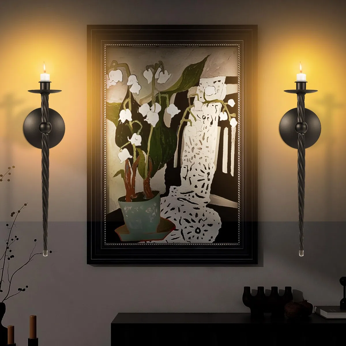 Juego de 2 candelabros de pared - Portavelas de metal trenzado grande (16 pulgadas) para decoración elegante en el comedor, sala de estar, oficina y baño