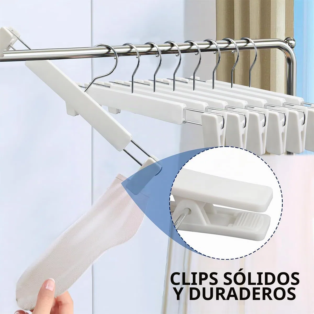 LATRAT Perchas, 20 perchas para pantalones o faldas con 2 clips antideslizantes ajustables, 360 ganchos giratorios, color blanco