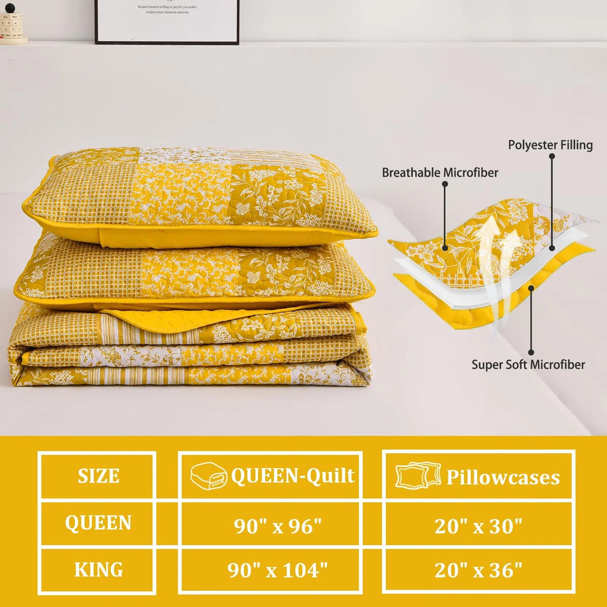Mybedsoul Juego de edredón Bohemio Amarillo tamaño Queen, Juego de Colcha Floral a Cuadros de 3 Piezas, Juego de Ropa de Cama Reversible de Retazos, tamaño Queen, 90 x 96 Pulgadas