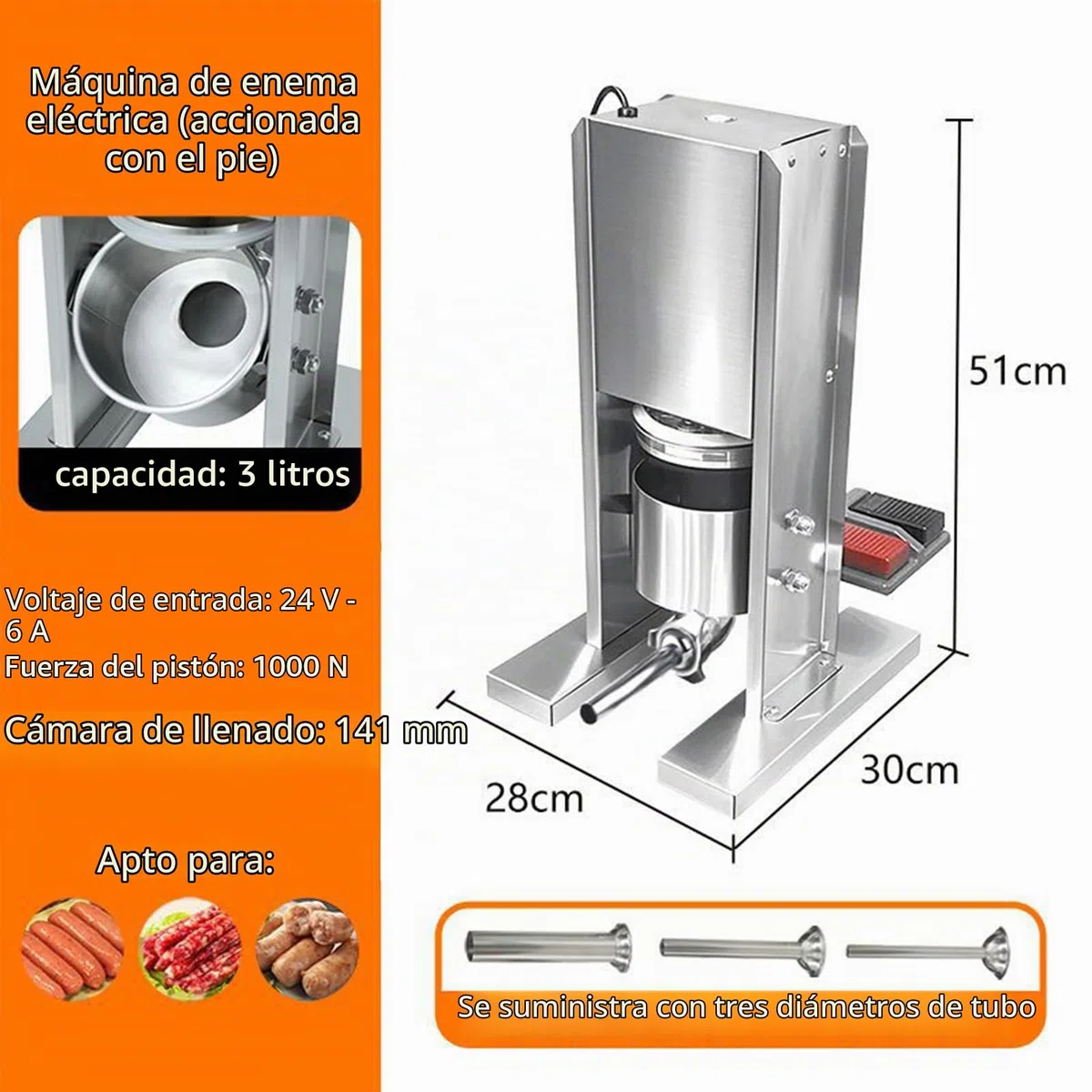 Maquina De Embutir, Embutidora Electrica De Chorizos, Máquina Para Embutir Salchichas De Acero Inoxidable, Con 3 Tubos De Relleno, Capacidad De 3 l, Control Con El Pie, 220v