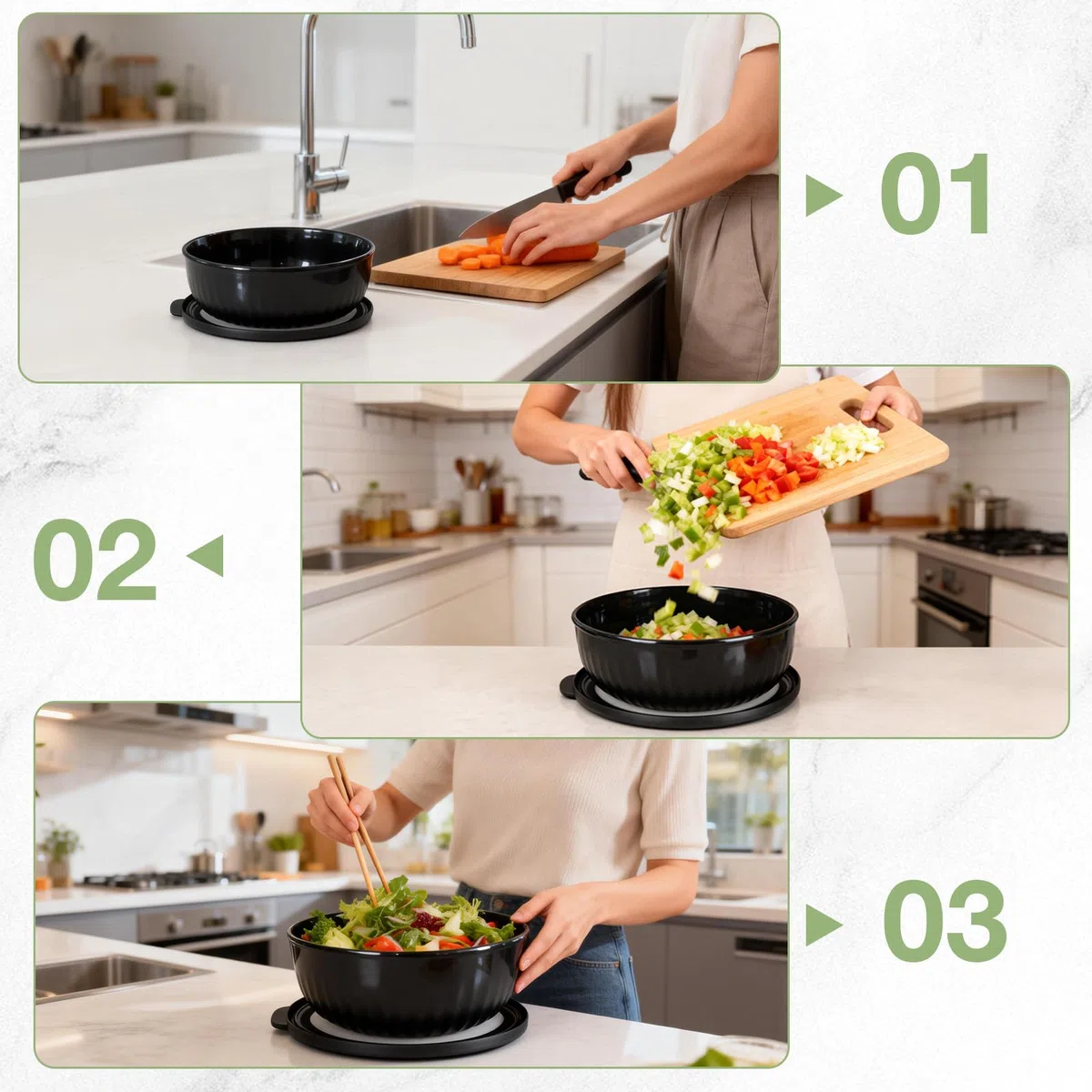 VINATO Bowl 4 Piezas (0.4L/0.78L/1.4L/2.2L) TPE+PP Sin BPA - Apto Microondas, Lavavajillas y Nevera | Bowls Cocina | Ensaladera Grande Con Tapa, Negro