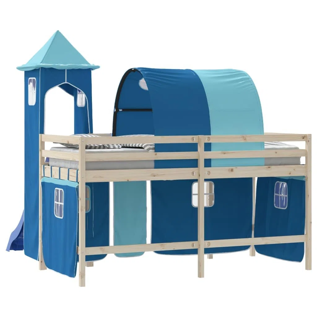 Cortinas para cama alta con túnel y torre azul de poliéster, accesorios de cama para habitación infantil, 3 bolsillos, apto para somier con somier y soporte estable, cómoda zona de juego