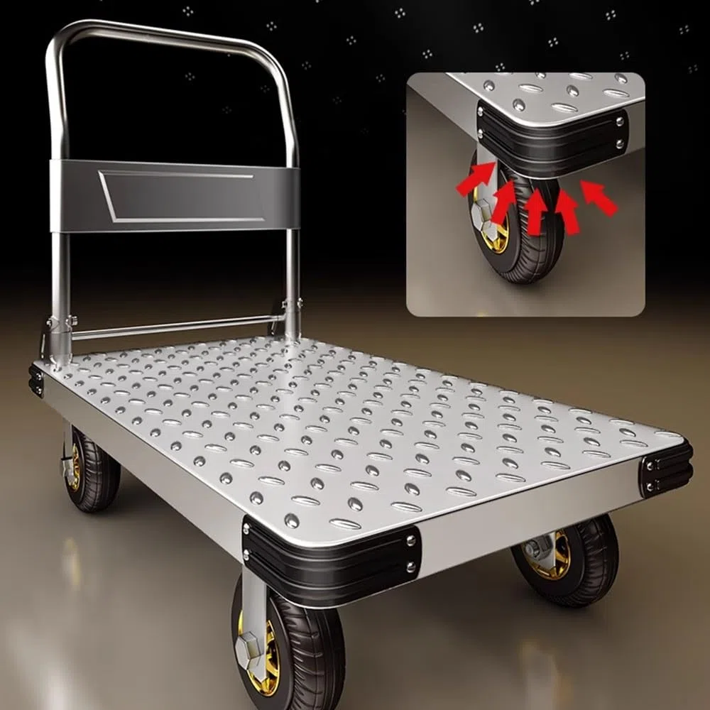 Carrito de plataforma de acero con ruedas, carrito utilitario resistente para uso doméstico e industrial, perfecto para transporte de mercancías, resistente y duradero, ideal para mover suministros.
