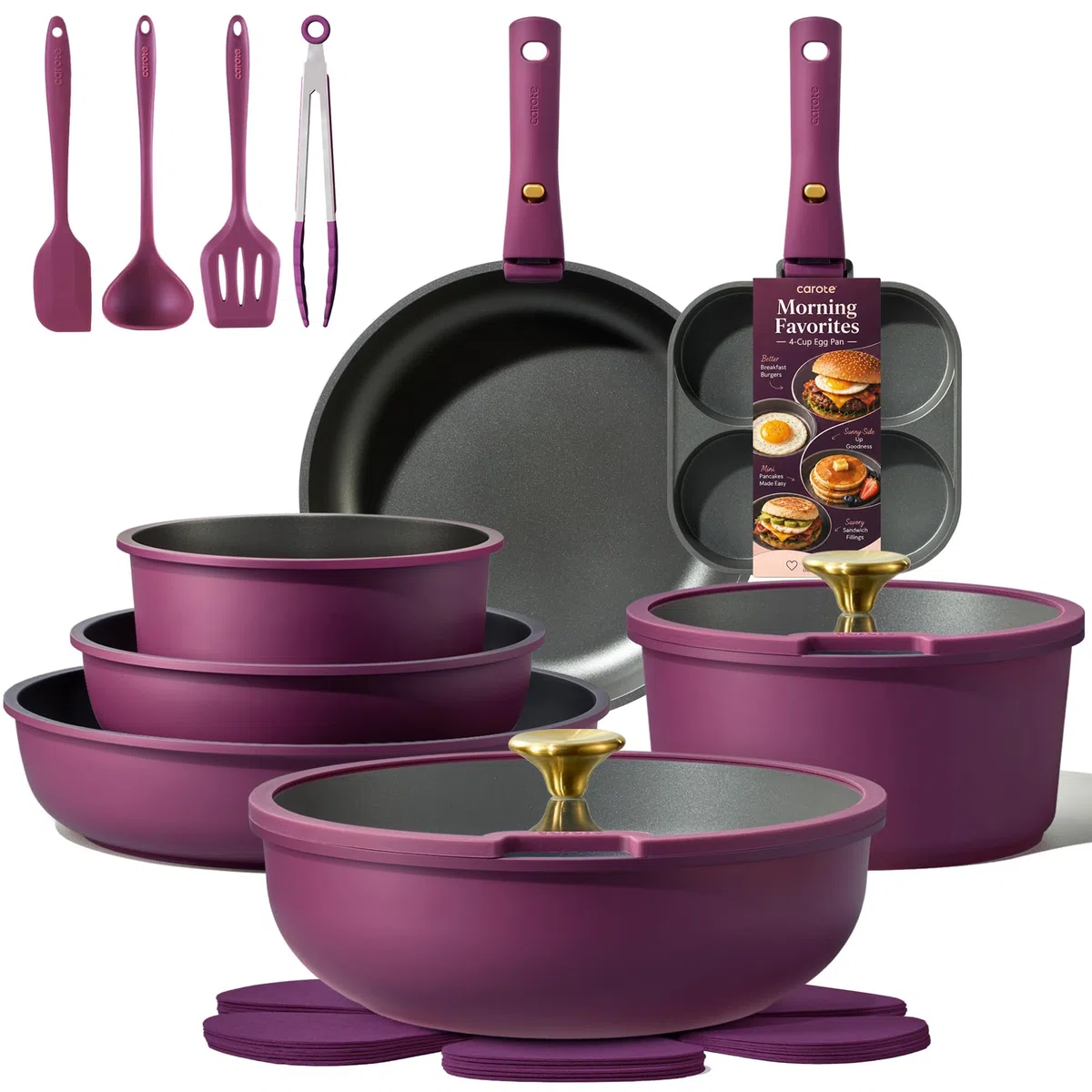 CAROTE Juego de 19 ollas y sartenes, juego de utensilios de cocina antiadherentes con mango desmontable, juego de utensilios de cocina de inducción antiadherentes con mango extraíble, juego de
