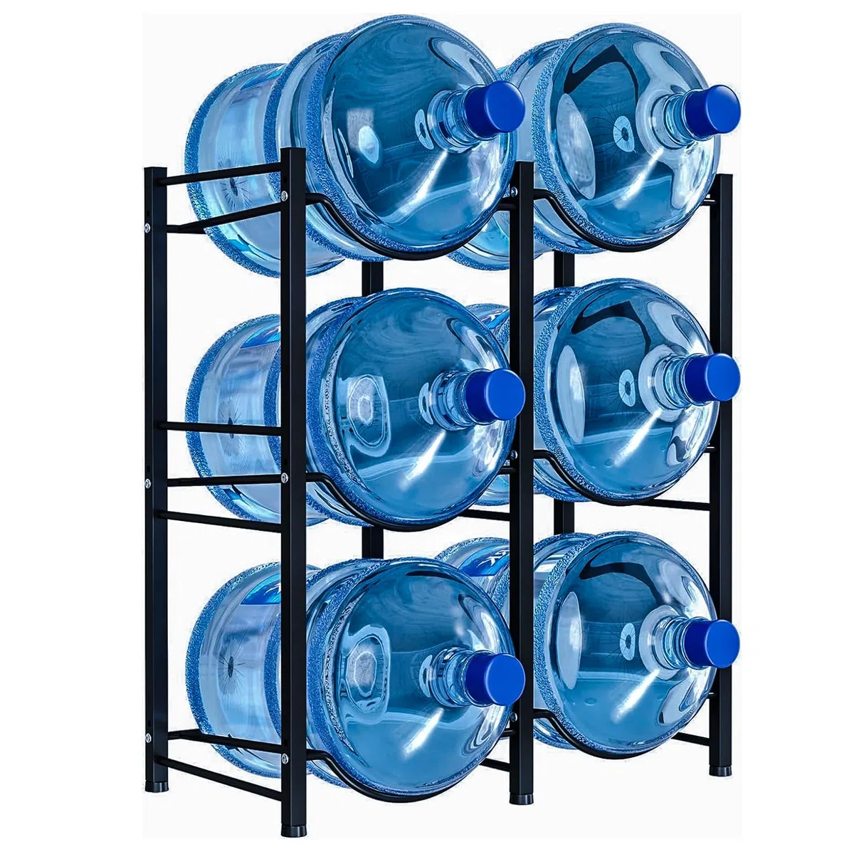 Soporte de almacenamiento resistente de 6 bandejas para botellas enfriadoras de 5 galones, 3 niveles, 2 filas, acero al carbono, para hogar, oficina, cocina, almacén, color negro