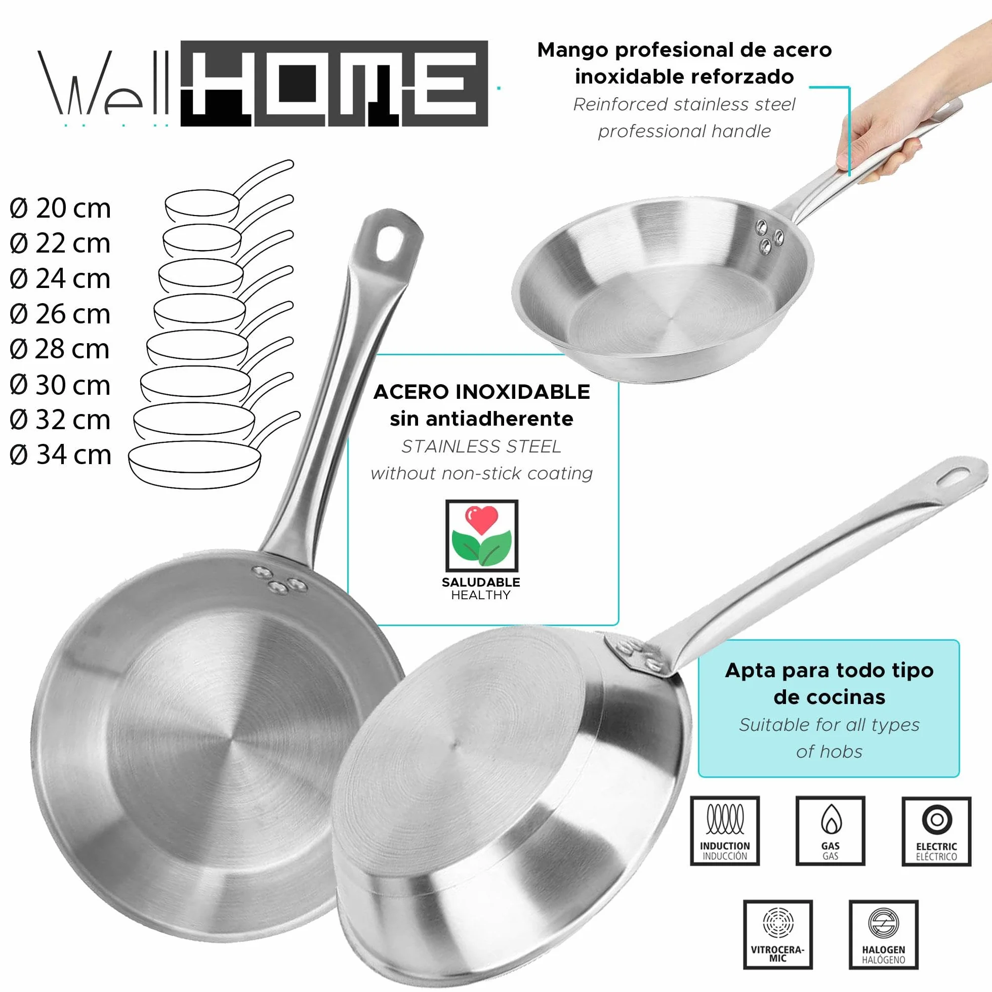 Set de 3 Sartenes Ø22Ø26Ø28cm en Acero inoxidable, Aptas para inducción y SIN antiadherente
