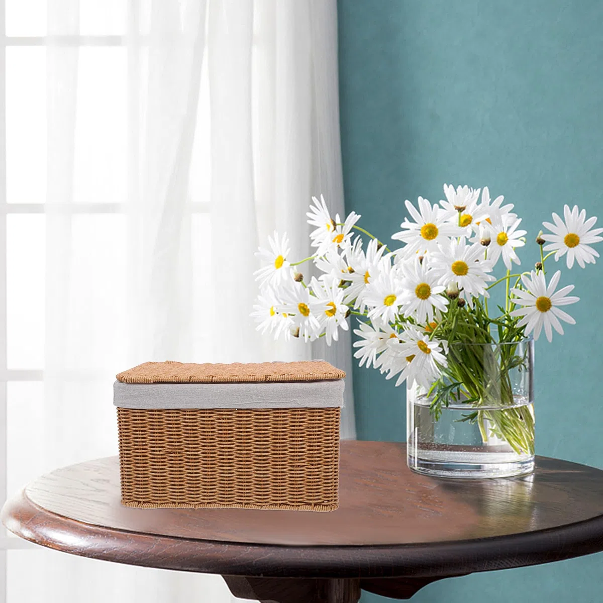 Cesta Rectangular de Mimbre Sintético con Tapa y Forro Interior, Tamaño Mediano 32x22x18 Cm, Organizador Versátil para Ropa, Libros y Artículos del Hogar, Cesta de Almacenaje