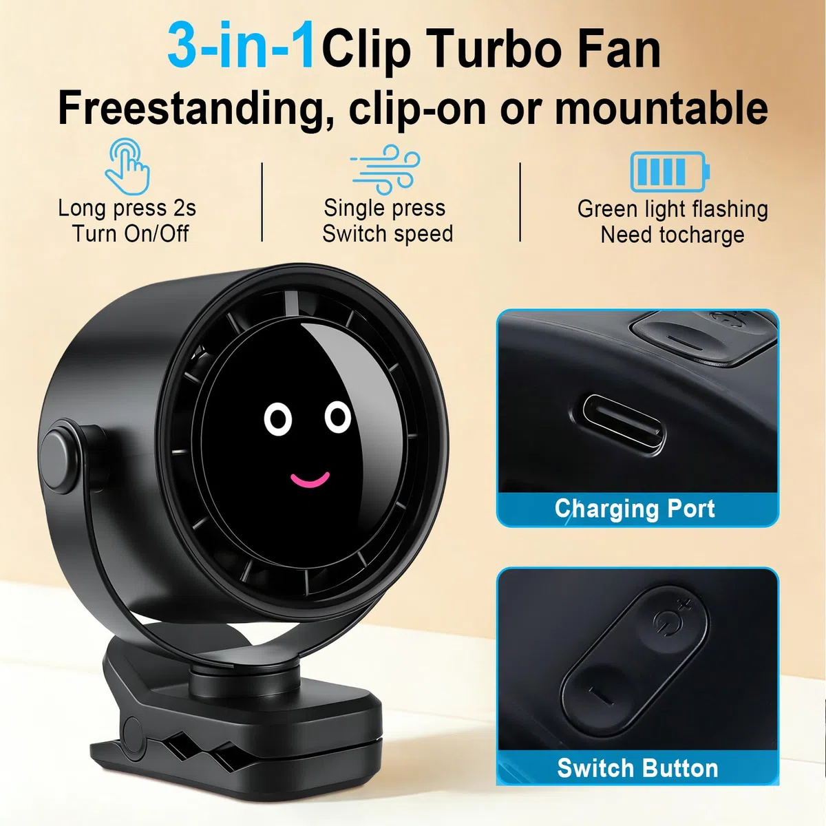 Ventilador con Pinza, Ventilador Portátil Recargable Sin Aspas con Rotación, 5 Velocidades de Flujo de Aire Fuerte,Pinza Resistente para Cama,Carpa,Escritorio,Silla de Coche (Negro)