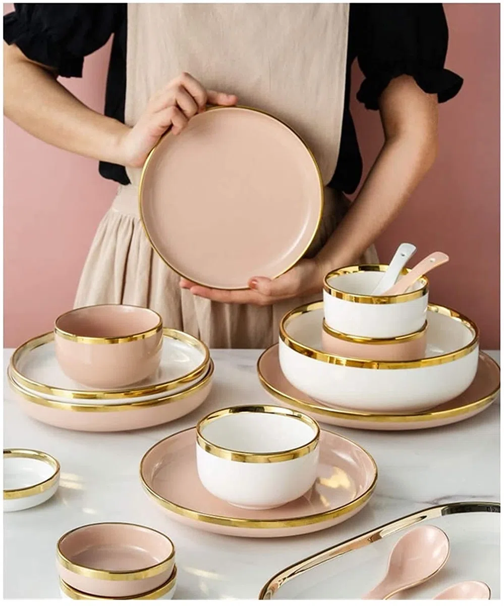 Plato de Cena Juego de Cena de Lujo para Fiestas o Regalos, Juego de vajilla de Porcelana Juego de Platos y Cuencos para restaurantes y Regalos/Morado/8 Personas (Morado 4 Personas