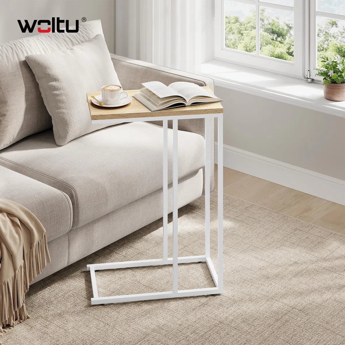 WOLTU Mesa Auxiliar Forma C, Mesita de Sofá, Mesita Auxiliar para Salon y Dormitorio, Mesa Pequeña con Estructura de Metal, Roble Claro+Negro, TSG17hei