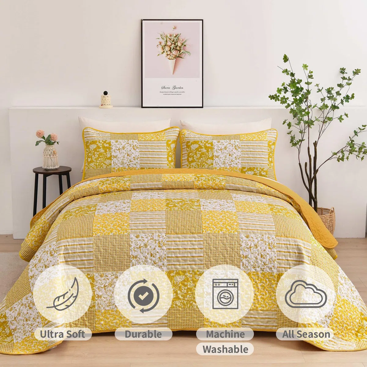 Mybedsoul Juego de edredón Bohemio Amarillo tamaño Queen, Juego de Colcha Floral a Cuadros de 3 Piezas, Juego de Ropa de Cama Reversible de Retazos, tamaño Queen, 90 x 96 Pulgadas