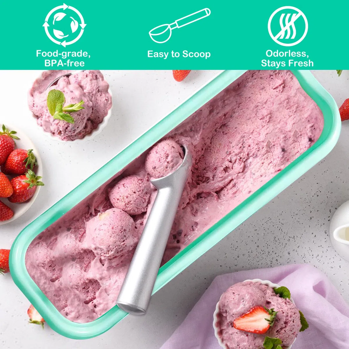 2 Piezas Recipientes para Helados con 3 Cucharas, Contenedores de Hielo para Helados de 1,5 litros, Recipientes de Almacenamiento Congelador con Tapa de Silicona, Sin BPA para Accesorios de Cocina