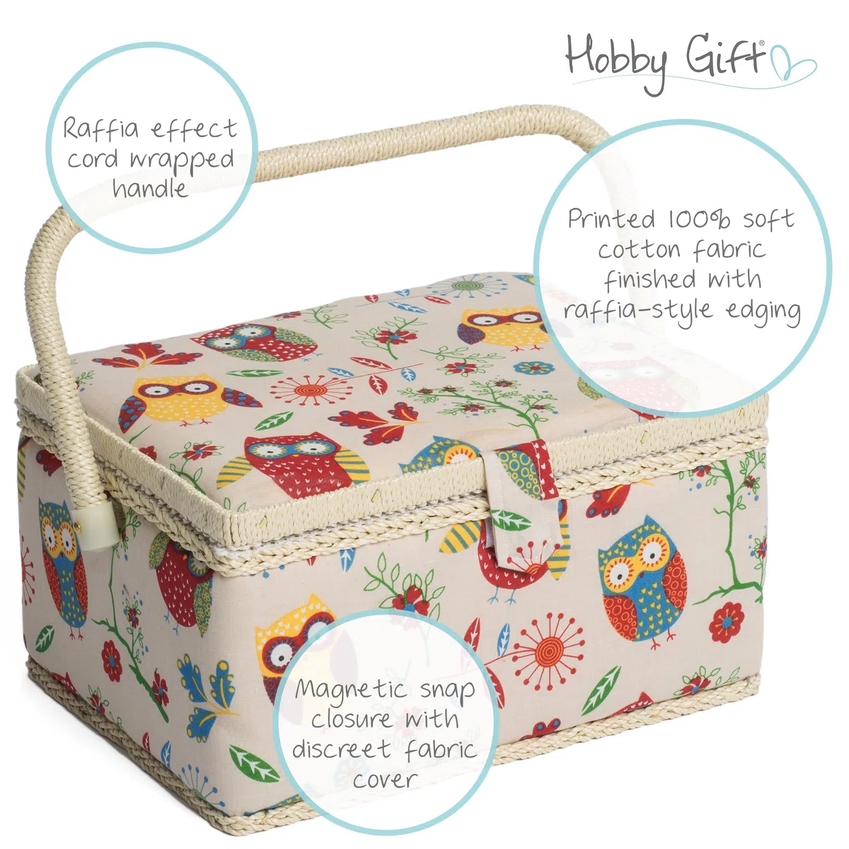 Hobby Gift Caja de Costura Mediana con Asa, Cesta de Algodón para Almacenaje de Costura, Organizador con Compartimentos, 18,5 x 25,5 x 14,5 cm, Búho