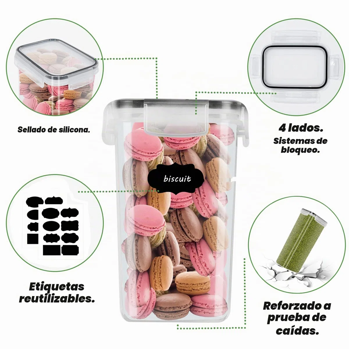 Botes Cocina Almacenaje 8 Piezas, Recipientes para alimentos de Plástico de Alimentos Sellados con Tapa, Se Utiliza para Almacenar Cereales, Pasta, Arroz, Harina (2.8L+2L+1.4L+0.8L)