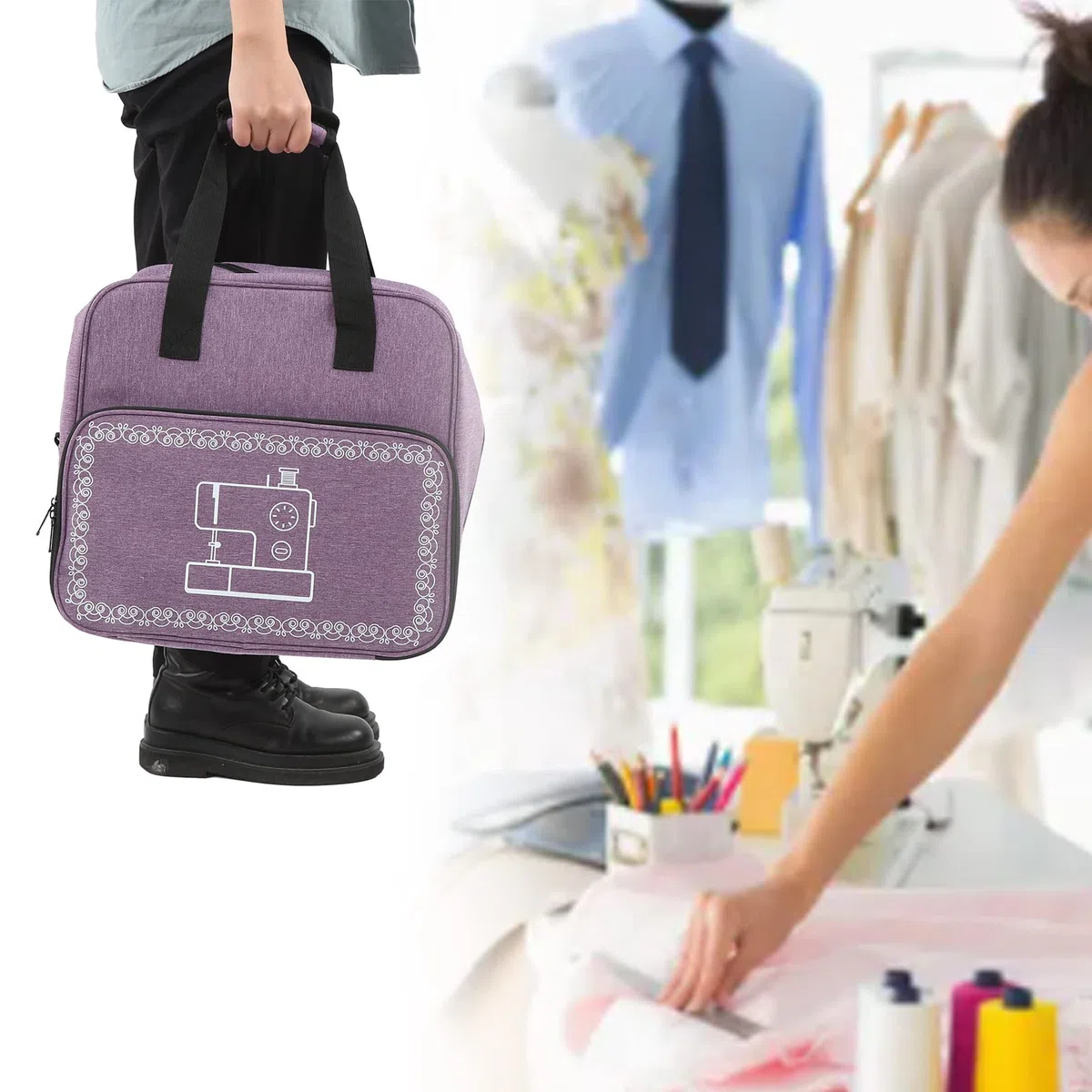 Bolsa de Transporte para máquina de Coser, Bolsa para máquina de Coser de Gran Capacidad con múltiples Bolsillos de Almacenamiento con Correa para el Hombro (Púrpura)