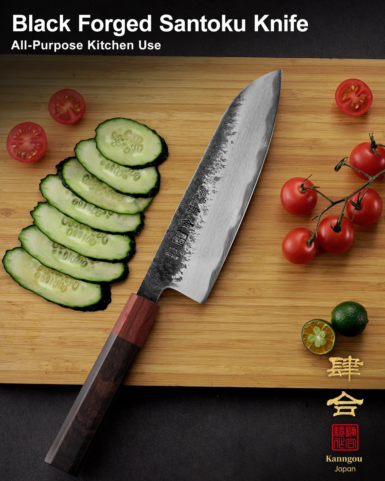kanngou Cuchillo Santoku, 18cm Cuchillo Cocina de Chef de Acero Inoxidable con Madera de Ébano y Mango de Sándalo Rojo, Cuchillo Japones Profesional con Caja de Regalo Premium