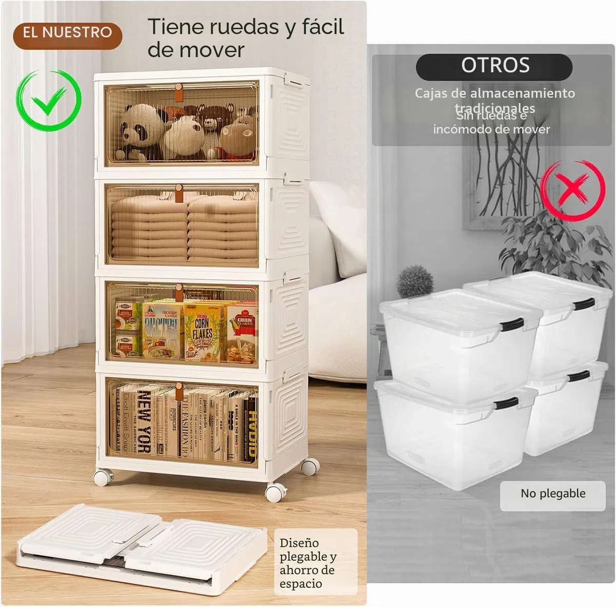 SavvyStor Cajas de almacenamiento con tapa, cajones de almacenamiento de plástico de 4 niveles, cajas apilables, organizador para dormitorio y sala de estar