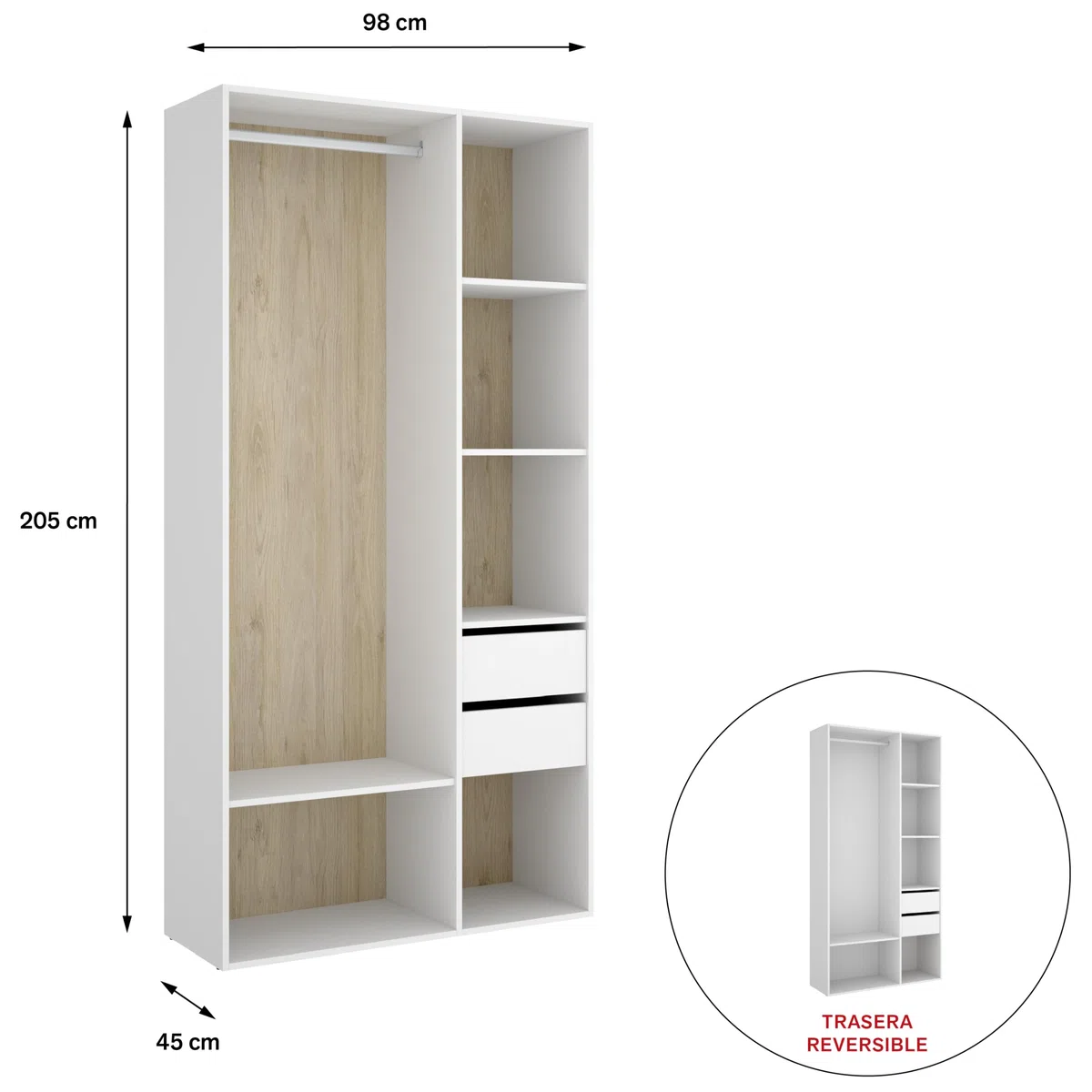 DEKIT GRUPO RIMOBEL SUIT - Armario-vestidor con dos cajones y con trasera reversible - BLANCO/NATURAL - 205 x 98 x 45