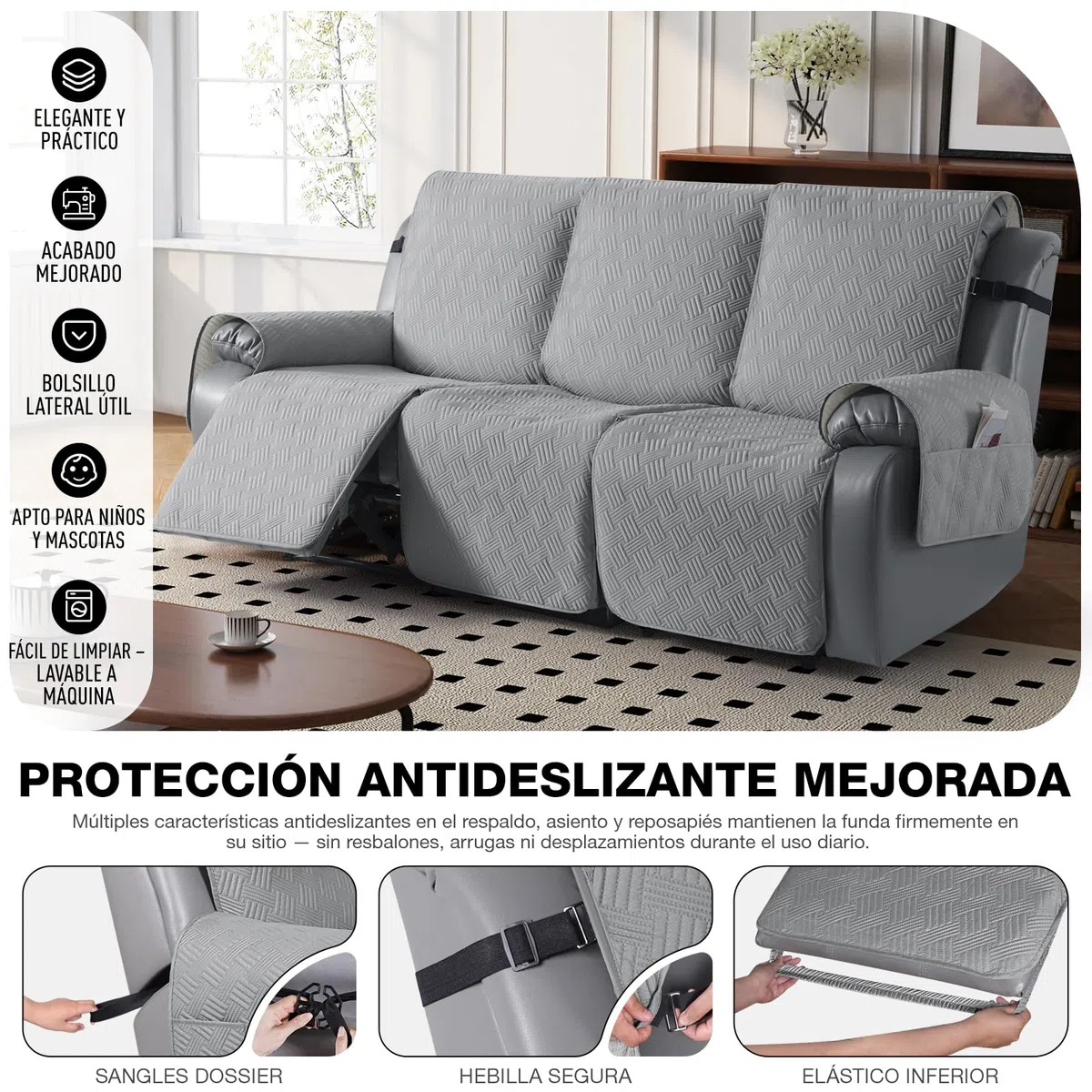 KinCam Funda Sillon Relax reclinable, Impermeable Funda para Sillón Relax con Bolsillo Laterales y Correas elásticas para Perros y Mascotas, Suave y Lavable Funda Sofa 3 plazas Gris Claro