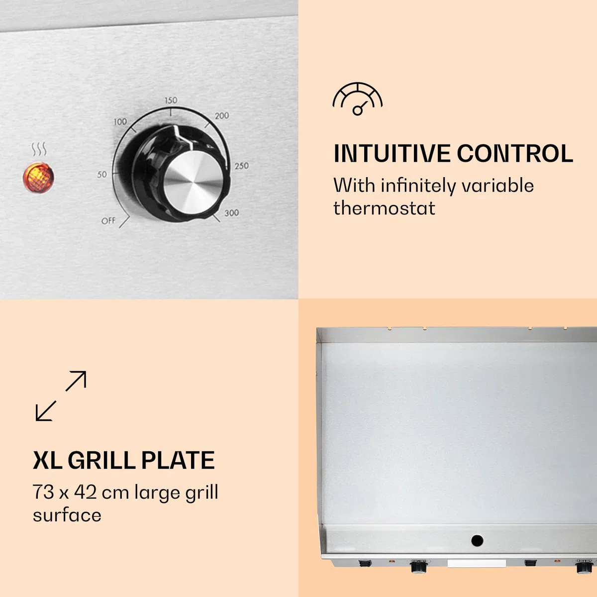 Klarstein Plancha Cocina Eléctrica Profesional, Grill de Acero Inoxidable, Antiadherente con Bandeja Aceite Extraíble, LED, 2 Espátulas, Plancha de Asar, Camping y Restaurantes 200W, Plata