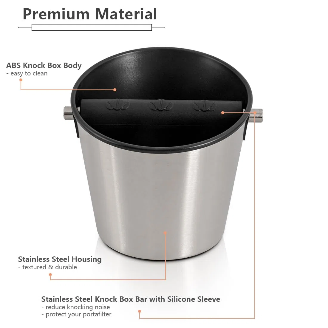 Caja de acero inoxidable para café expreso con barra de metal desmontable, tamaño pequeño, caja de café molido, accesorios de espresso, herramientas para cafetería en el hogar