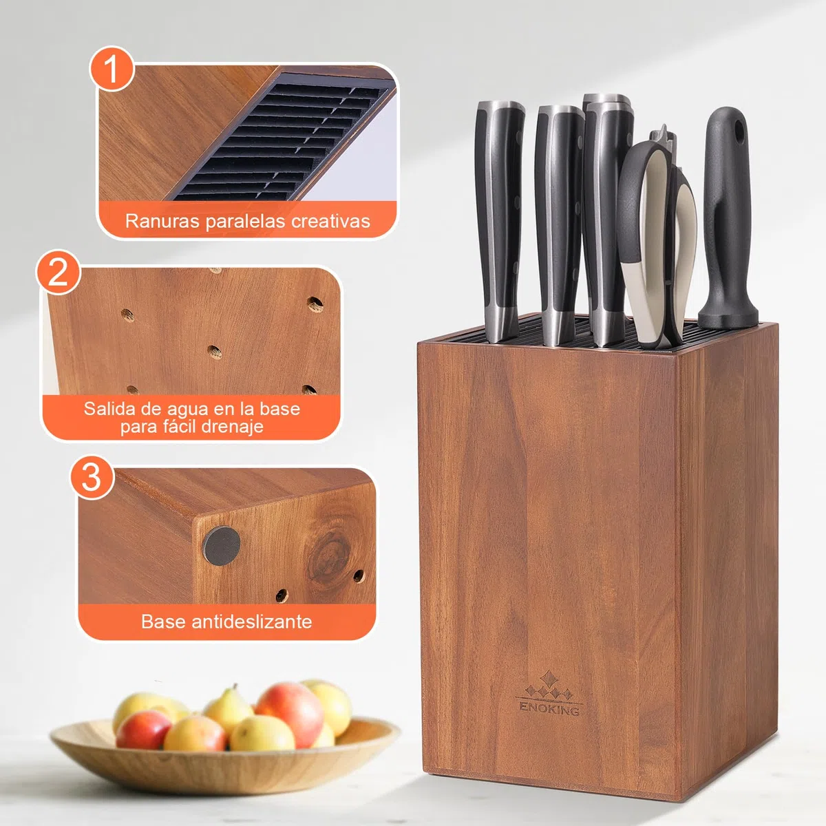 ENOKING Soporte Cuchillos Cocina de Madera de Acacia, tacoma cuchillos Con Tapa de Plástico, porta cuchillos cocina de para Cuchillos y Tijeras/Varilla de Afilar