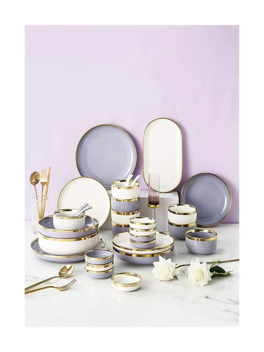 Juego De Vajilla De Porcelana, Juego De Vajilla De Cerámica Phnom Penh, Platos Y Cuencos Para Restaurante Y Regalos De Boda, Juego De Vajilla De Porcelana De Estilo Europeo, Morado, 4 Personas B