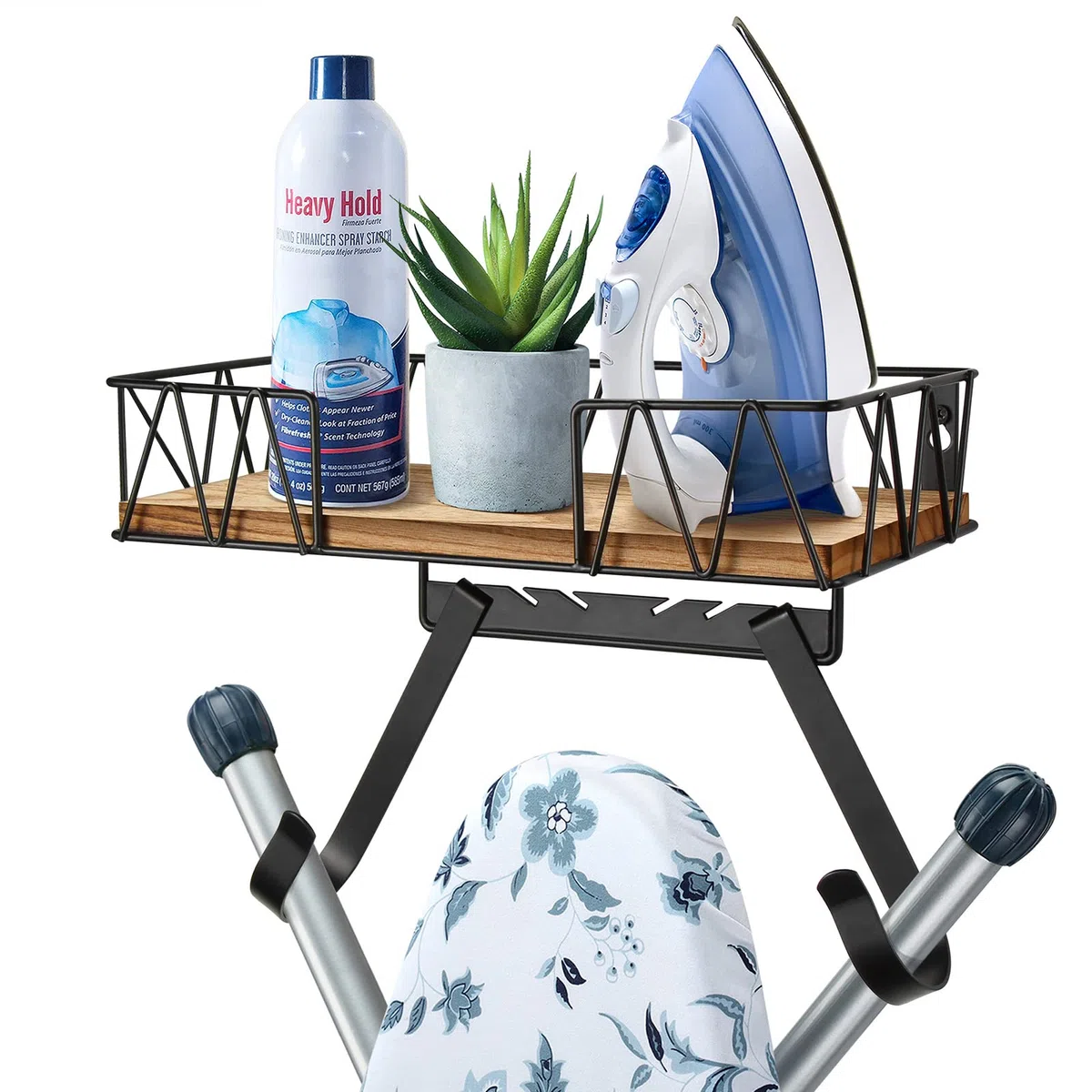 TJ.MOREE Soporte de pared para tabla de planchar – Soporte para plancha y tabla de planchar con gran cesta de almacenamiento de madera y ganchos extraíbles (forma de T y V)