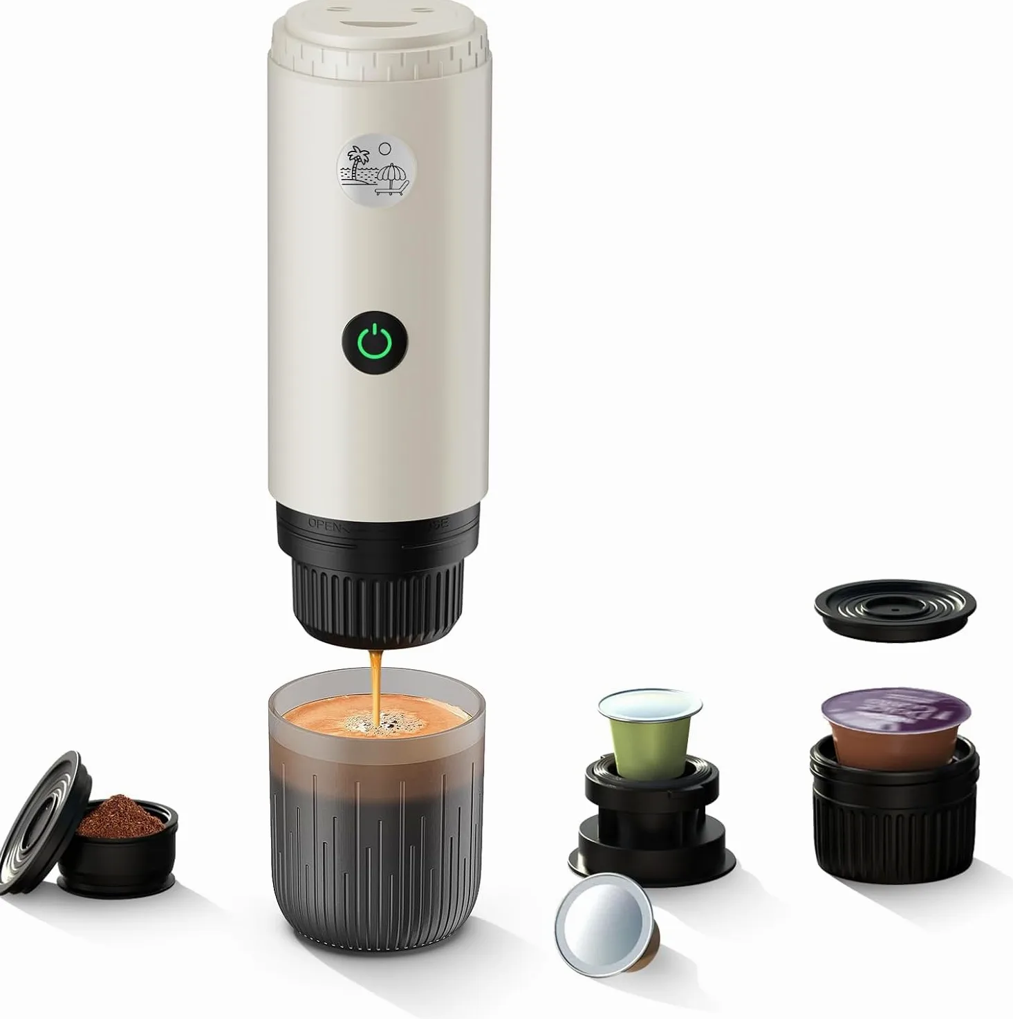 Cafetera portátil 3 en 1 de 19 bares con calefacción automática, compatible con cápsulas NS y DG y café molido para camping, senderismo, viajes y hogar (blanco)