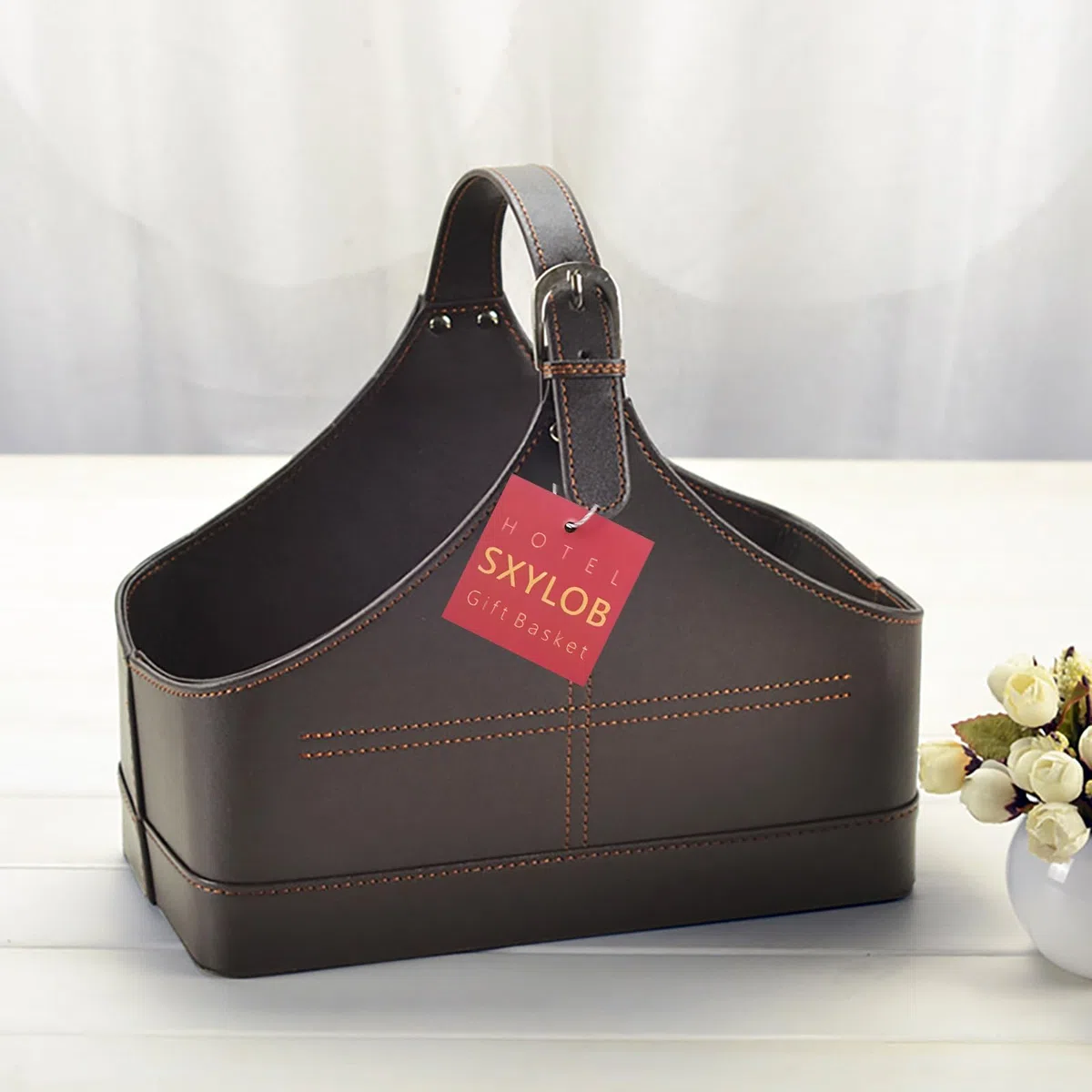 Cesta de almacenamiento de cuero, estructura de MDF, soporte para revistas, flores de vino, frutas, con asa superior para regalos de vacaciones (pequeño, café)