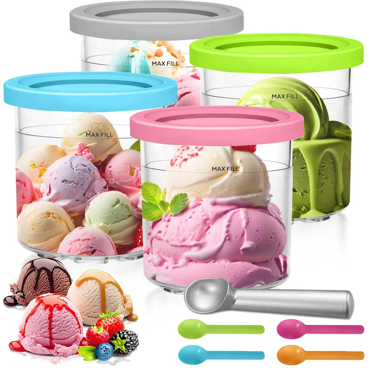 4 Piezas Recipiente Creami para Ninja Maquina Helados, 500ml Recipiente para Ninja Creami, para Ninja Maquina Hacer Helados C300s/NC299AM, Accesorios para Ninja Ice Creami Maker