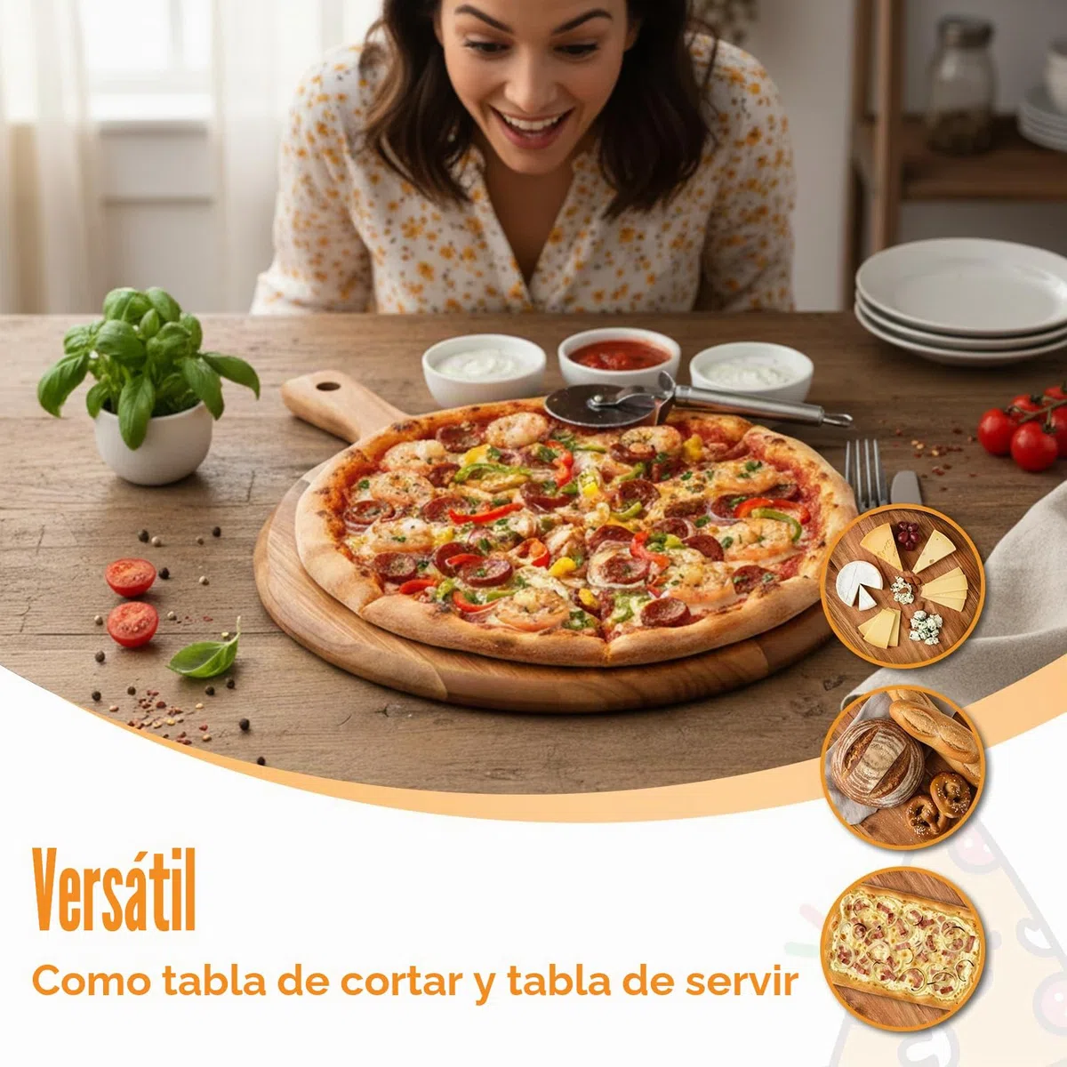 Juego de 2 tablas de pizza de madera de 30 cm de diámetro con asa, platos de madera de acacia premium, tabla redonda para servir y cortar pizzas, tartas flameadas, queso
