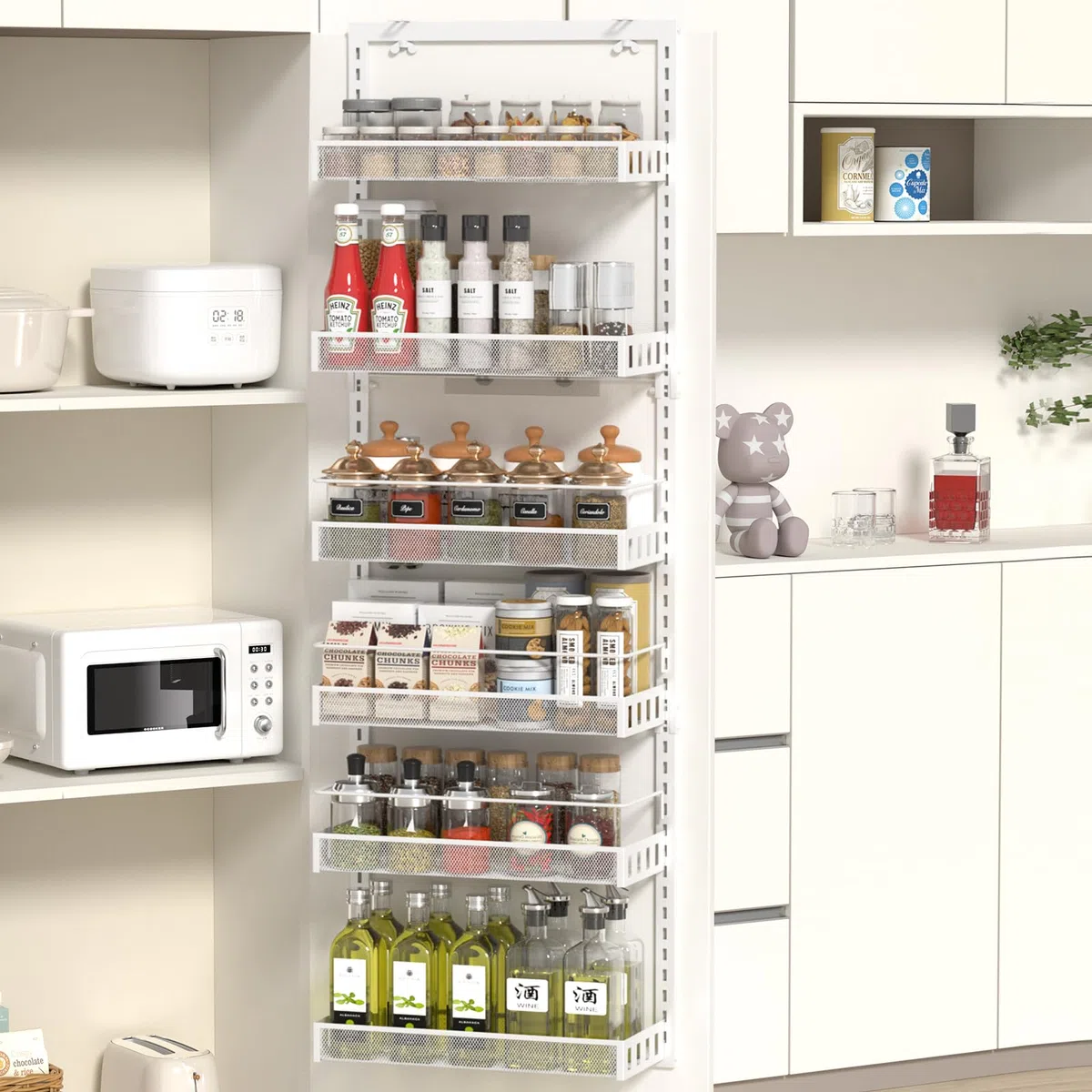 Almacenamiento Sobre la Puerta, Organizador de Despensa de Puerta Ajustable de 6 niveles con Gancho Para Cada, Estante de Especias de Metal Colgante en la Puerta Trasera para Cocina Baño, Blanco
