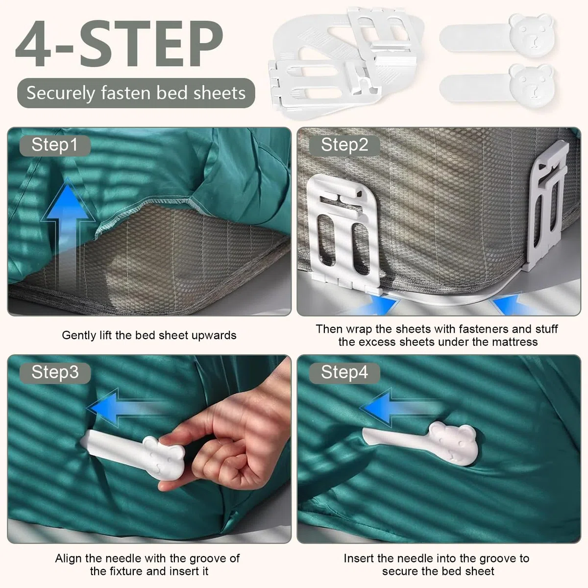 4 Pcs Sujeta Sabanas Bajeras, Sistema de Fijación para Sabanas, Sujetador de Sabanas Bajeras Antideslizante para Todo Tipo de Colchones, Sujeta Sabanas Bajeras Esquina, para Sábanas, Mantas y Ropa