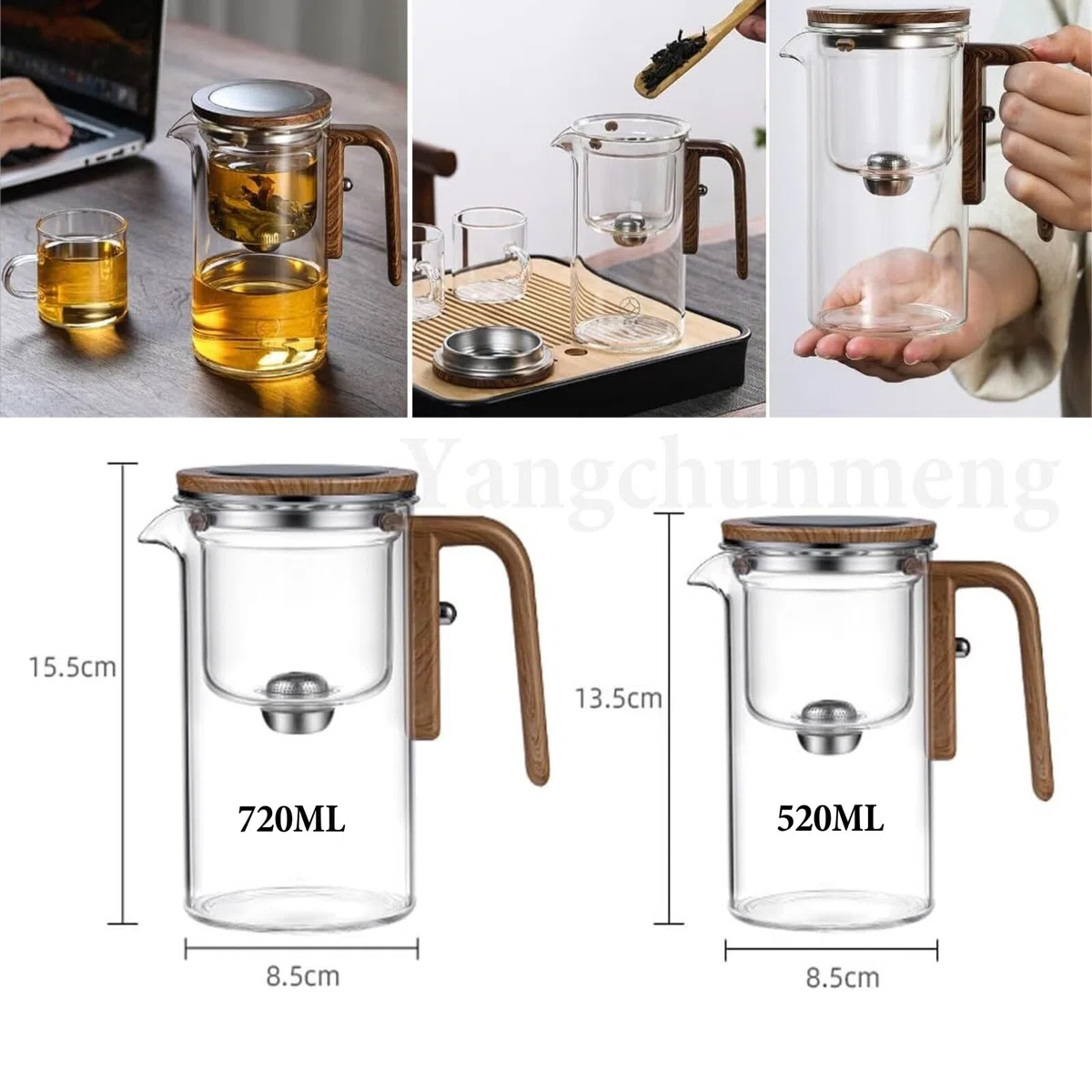 Enchantipot Magic Tea Pote Enchanti Tea Pot, Vaso de Separación de Agua con Mano de Madera, Teapot de Control por Presión para Té Libre, Tejedura de Sazón (520 Transparente)