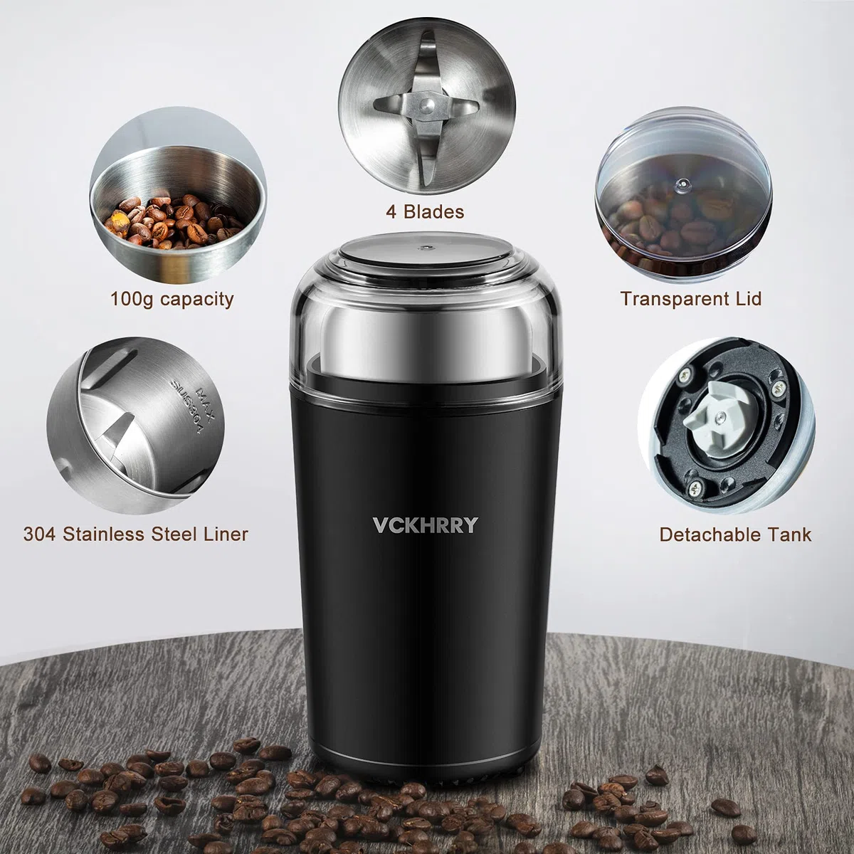 Molinillo de Café Eléctrico 400W Molinillo de especias 100g Recipiente y Lavable Extraíble 4 Cuchillas de acero Inoxidable Café en Grano Especias Frutos Secos