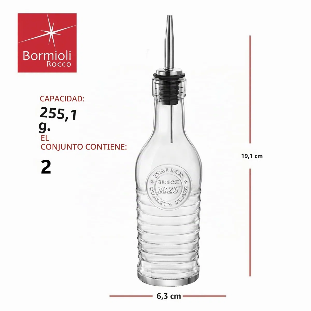 BORMIOLI ROCCO Botellas de cristal Officina 1825 – para aceite de oliva/vinagre – Boquilla vertedora de acero inoxidable – 268 ml – Lote de 2