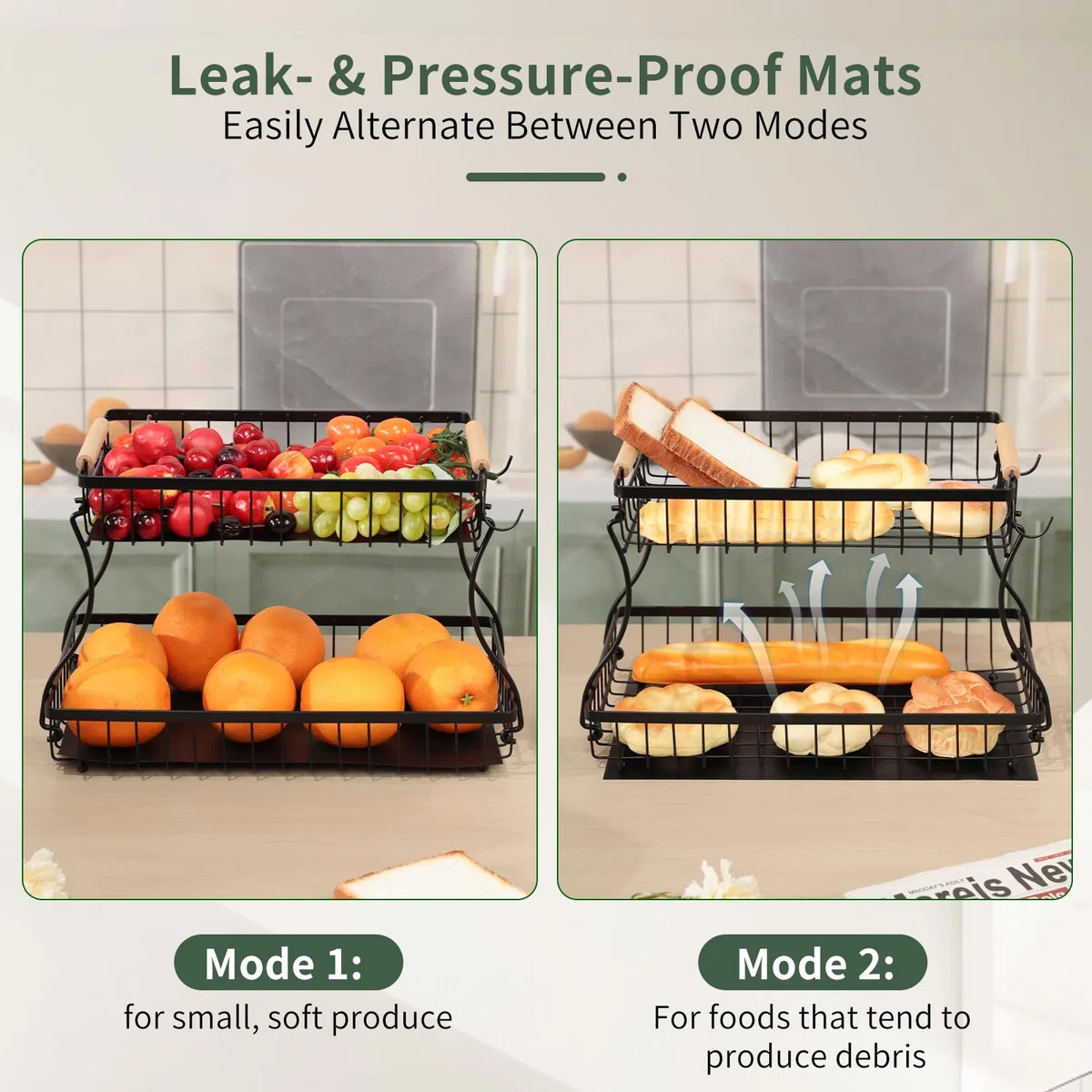 Romon Fruteros de Cocina, Cesta de Frutas de 2 Niveles con 2 Perchas de Plátano, Modernos Estantes Fruits Cuenco Verduras de Malla de Metal para Almacenamiento Mostrador Organizador Soporte, Negro
