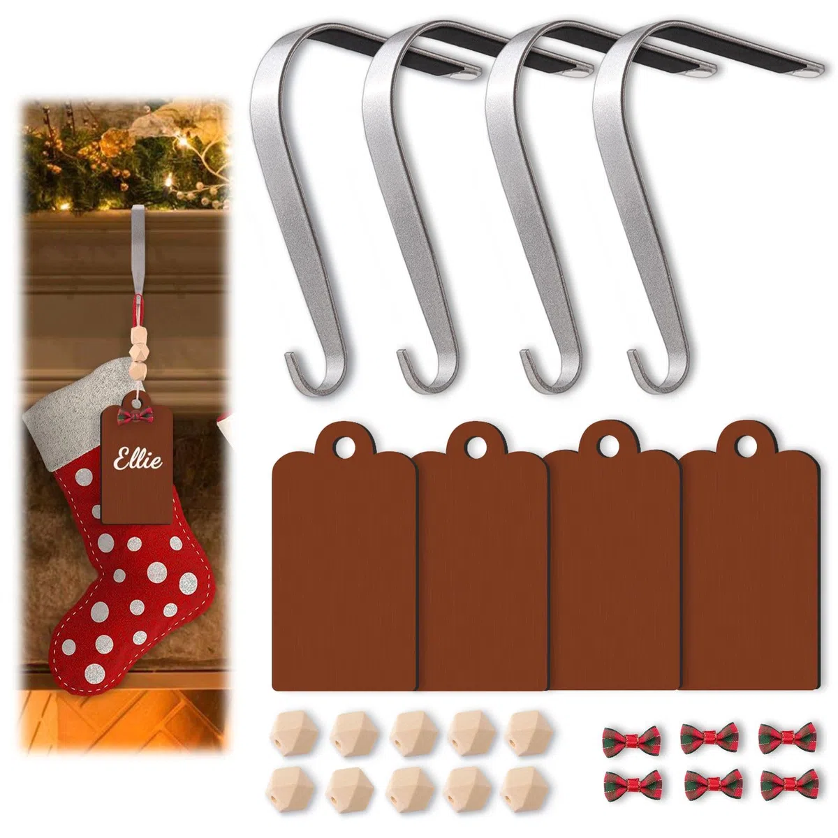 Honitra Christmas Stocking Holders for Mantle Set 4, Navidad Stocking Holders Hangers for Wall Mantle, Etiqueta de nombre de madera con chimenea pesada Stocking Holders for Mantle, mantel Stocking
