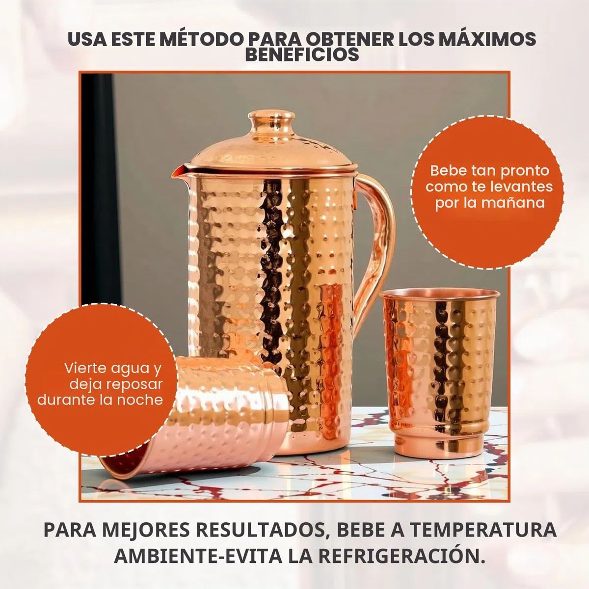 Jarra de cobre 100% puro de 1500 ml con 2 vasos, martillada de agua potable con vasos, juego de tapa y tazas, botella de agua con mango, beneficios para la salud